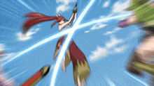 a girl with red hair is flying through the air with a sword in her hand