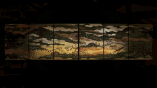 a painting of a landscape with clouds and mountains