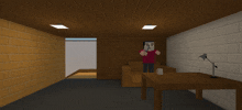 a cartoon character is sitting at a table in a room with a brick wall