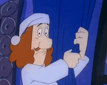 a cartoon character is looking out a window while wearing a nightcap and holding a blue curtain .