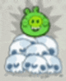 a cartoon pig is sitting on top of a pile of skulls .