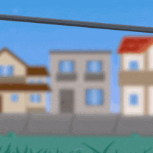 a cartoon character with green hair and orange eyes stands in front of buildings