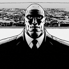 a black and white drawing of a man in a suit and tie with a city in the background