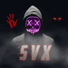 a person wearing a hoodie with svx on it