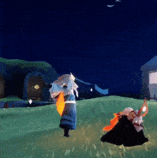 a couple of people standing in a grassy field with a blue building in the background