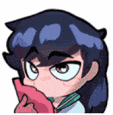 a cartoon character with long black hair is holding a pink object in his mouth .