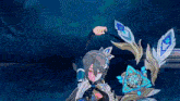 a girl in a video game is holding a sword and a feather .
