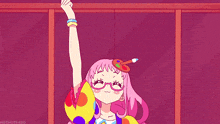 a girl with pink hair is wearing glasses and holding a palette on her head