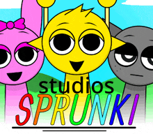 three cartoon characters are standing next to each other with the words studios sprunki on the bottom