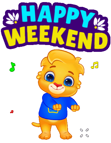 a cartoon tiger is dancing in front of a happy weekend sign