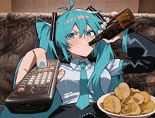 a girl with blue hair is holding a remote control and a bottle of beer