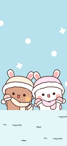 two cartoon animals wearing hats and scarves standing next to each other