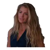 a woman with long blonde hair is wearing a blue shirt