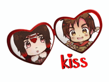 a couple of hearts with a girl and a boy and the word kiss below them