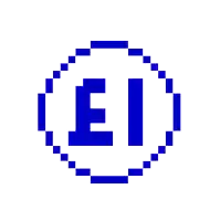 the letter e is in a blue pixelated circle on a white background .