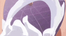 a close up of a person 's face with a purple background and a balloon in the background .