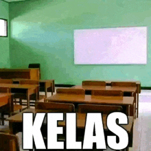 a classroom with wooden desks and chairs and the word kelas in white letters