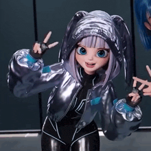 a cartoon character wearing a silver jacket with a hood