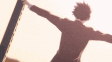 a man is standing with his arms outstretched in front of a pole .