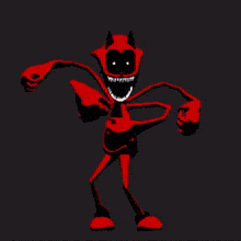 a red cartoon character with a black hat and tie is standing on a dark background .