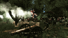 a cannon is being fired in a field with a british flag in the background