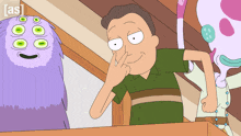 a cartoon of a man and a purple monster with the letters a and s on it