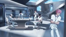 a group of people are gathered around a table in a futuristic room