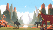 a cartoon drawing of a group of animals standing next to a river
