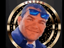 a man wearing sunglasses is in a circle with the name yasser written on it