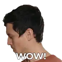 a close up of a man 's face with the word wow written below it