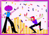 a cartoon drawing of two people dancing with confetti falling