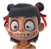 a close up of a cartoon character with big eyes and a red ribbon in her hair