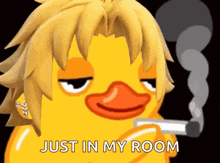 a duck is smoking a cigarette and saying `` just in my room '' .
