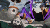 a cartoon of a man laying on the ground next to a purple monster with horns