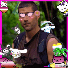 a picture of a man surrounded by hello kitty and kuromi characters