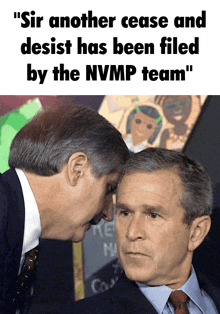 a picture of two men with the caption " sir another cease and desist has been filed by the nvmp team " on top