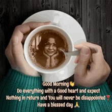 someone is holding a cup of coffee with a picture of a woman in it