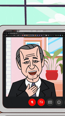a cartoon of a man on a video call with a microphone
