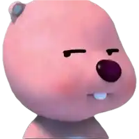 a pink stuffed animal with a purple nose is making a silly face