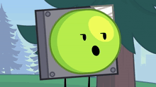 a cartoon drawing of a green circle with a surprised look on its face