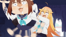 a cartoon of a girl in a sailor uniform holding another girl up in the air