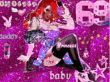 a purple background with the number 69 and princess baby