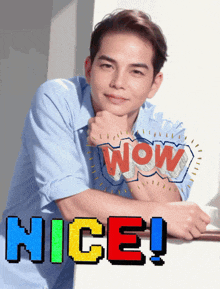 a man in a blue shirt with his hand on his chin and the words wow nice behind him