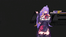 a purple haired anime character with the words neverness to everness below her