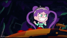a cartoon girl with purple hair and green eyes is standing on top of a roller coaster and making a funny face .