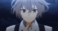 a girl with short hair and red eyes is holding a donut in her hand