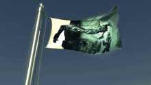 a flag that has a picture of a man holding a sword on it