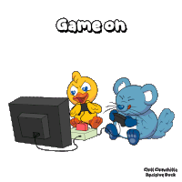 a cartoon of a duck and a mouse playing a video game with the words game on above them