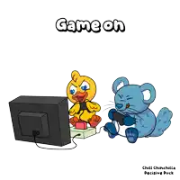 a cartoon of a duck and a mouse playing a video game with the words game on above them