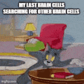 tom from tom and jerry is searching for other brain cells in a living room